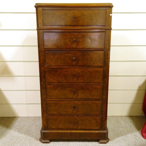 281 - A 19th century French mahogany tall chest of 7 drawers, on bracket feet, width 72cm, height 1.41m