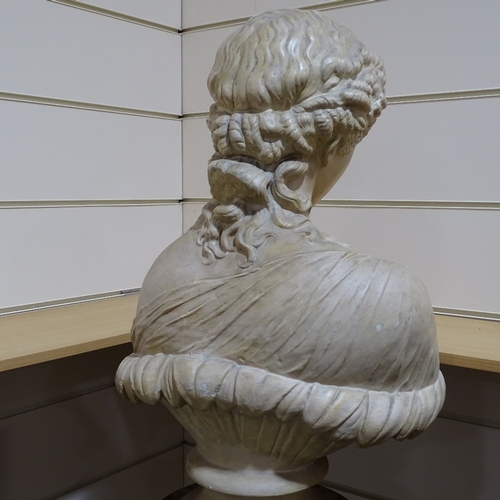 299 - A hollow-cast plaster bust of a Classical woman, on fluted stained wood pedestal, overall height 1.7... 