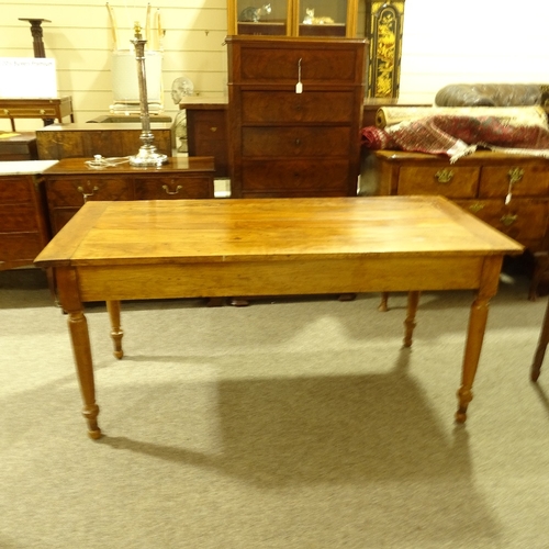 314 - A 19th century French cherrywood farmhouse dining table, 2 frieze drawers and turned legs, 1.55m x 7... 