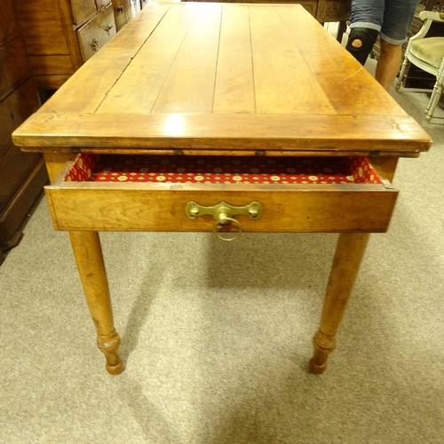 314 - A 19th century French cherrywood farmhouse dining table, 2 frieze drawers and turned legs, 1.55m x 7... 