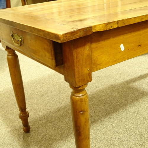 314 - A 19th century French cherrywood farmhouse dining table, 2 frieze drawers and turned legs, 1.55m x 7... 