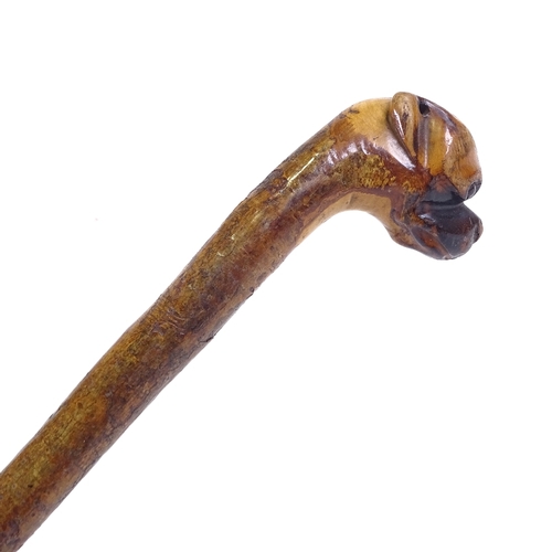 318 - A carved wood dog's head-handled walking cane with glass eyes