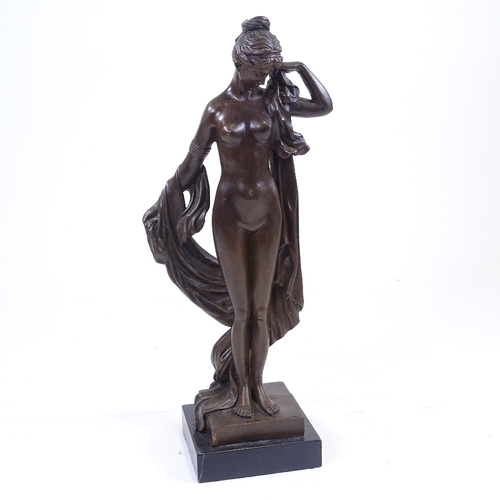 278 - A reproduction patinated bronze sculpture, naked woman, unsigned, on marble base, height 42cm