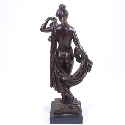 278 - A reproduction patinated bronze sculpture, naked woman, unsigned, on marble base, height 42cm