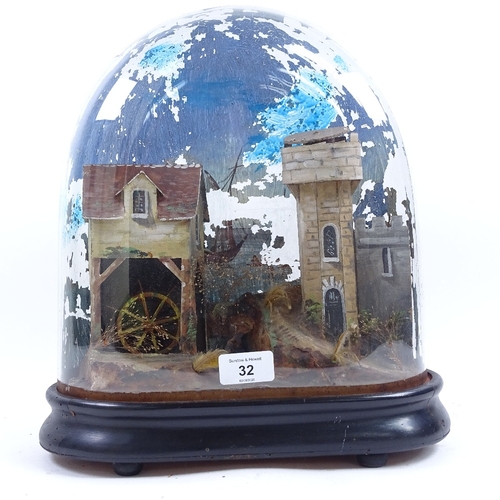 32 - A 19th century handmade musical automaton, under painted glass dome, with rotating parts and natural... 
