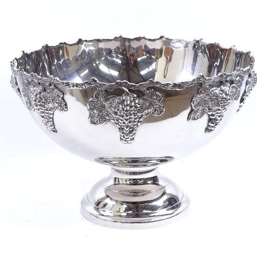 34 - A large modern chrome plated pedestal punch bowl, relief grapevine decoration, diameter 38cm