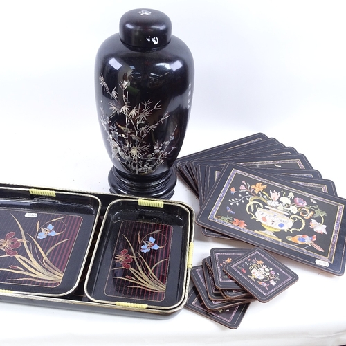 51 - A modern Vietnamese mother-of-pearl inlaid ebonised ginger jar, Japanese tea tray set, oval brass pl... 