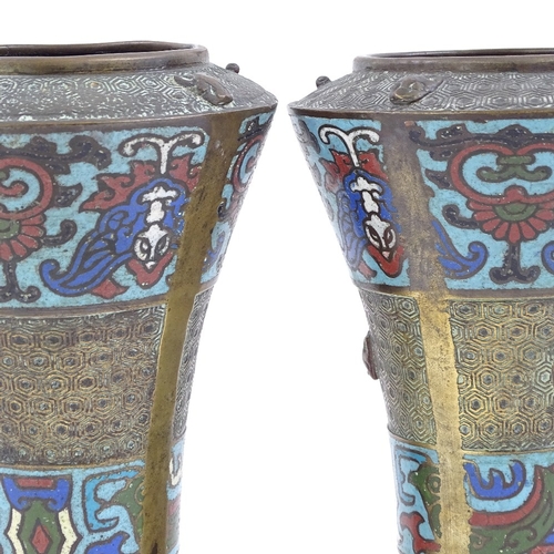 63 - A pair of Chinese cloisonne enamel brass fluted vases, bat decoration with hexagonal engraved ground... 