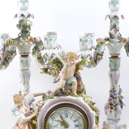 77 - A late 19th century German Schierholz porcelain 3-piece clock garniture, movement by Lenzkirch, with... 