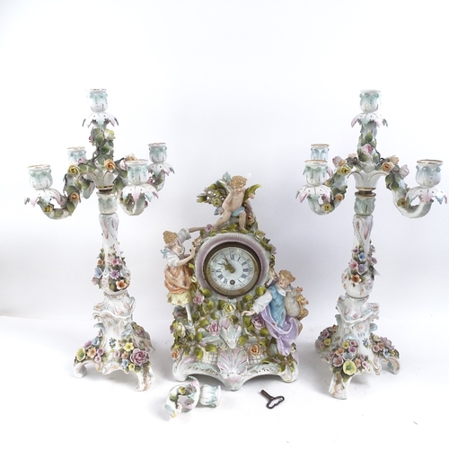 77 - A late 19th century German Schierholz porcelain 3-piece clock garniture, movement by Lenzkirch, with... 