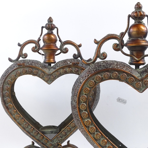 78 - A pair of modern copper double-sided heart-shaped candle lanterns, height excluding handle 46cm