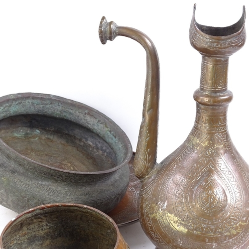 79 - Various copper and brass, including Middle Eastern ewer, 19th century horse hair singeing lamp, bowl... 