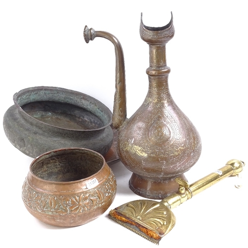 79 - Various copper and brass, including Middle Eastern ewer, 19th century horse hair singeing lamp, bowl... 