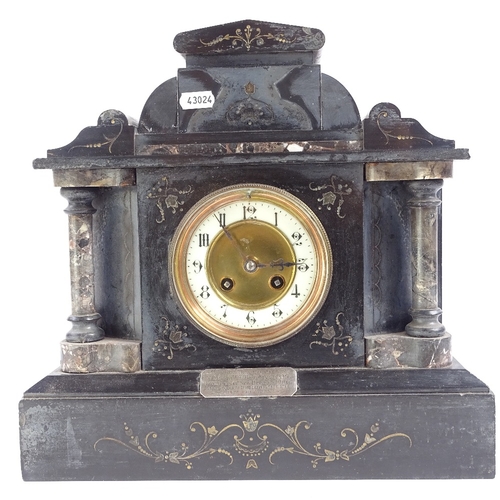 80 - A large early 20th century slate and veined marble architectural 8-day mantel clock, with presentati... 