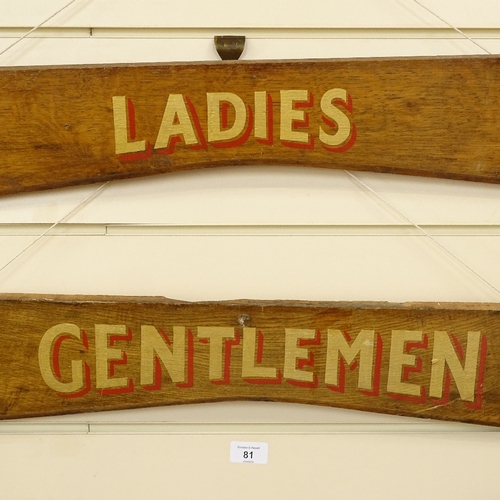 81 - A pair of Victorian painted and gilded wood Ladies and Gentlemen lavatory signs, largest length 66cm