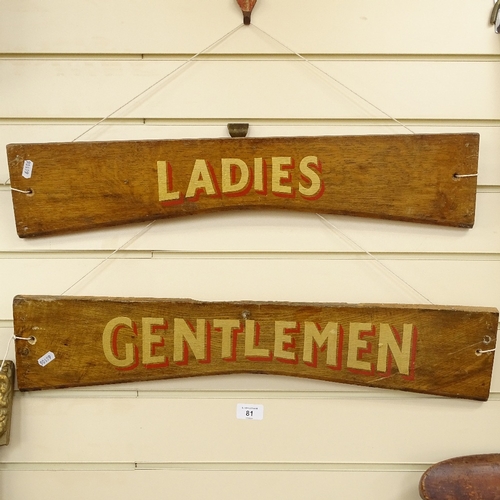 81 - A pair of Victorian painted and gilded wood Ladies and Gentlemen lavatory signs, largest length 66cm