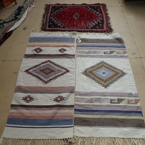 1857 - 2 similar flatweave Kilim rugs, and a small red ground Persian mat (3)