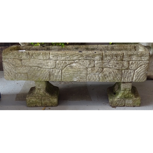 1844 - A rectangular weathered concrete garden trough on stand, W92cm