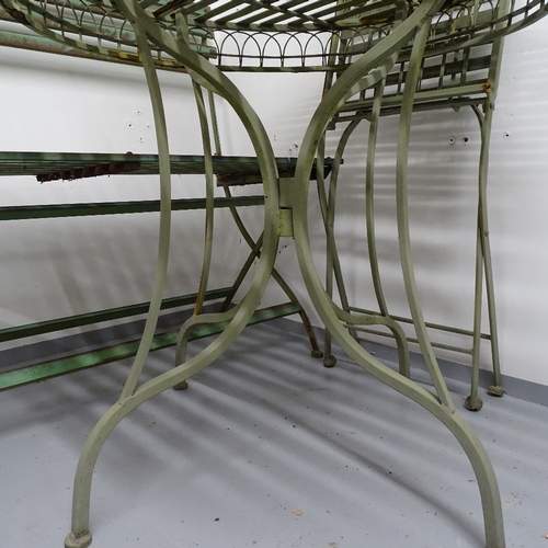 1807 - A painted metal circular garden table, and a pair of matching folding chairs