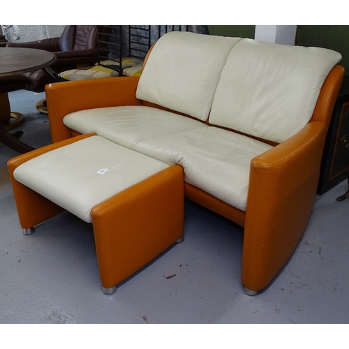 1832 - A contemporary design orange and white leather upholstered 2-seater settee, with adjustable backs, a... 