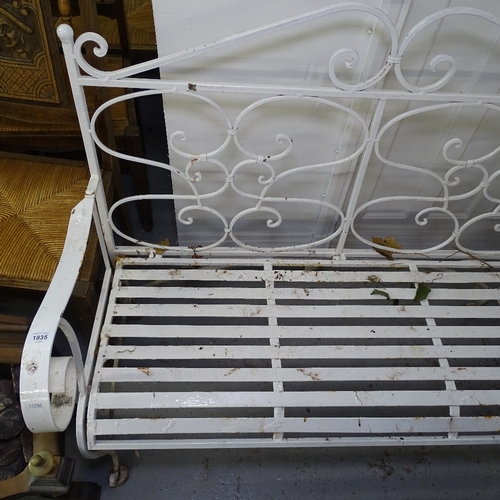 1835 - A white painted wrought-iron garden bench, W116cm