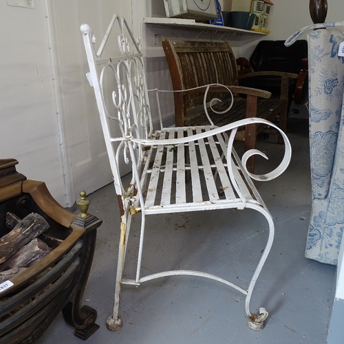 1835 - A white painted wrought-iron garden bench, W116cm