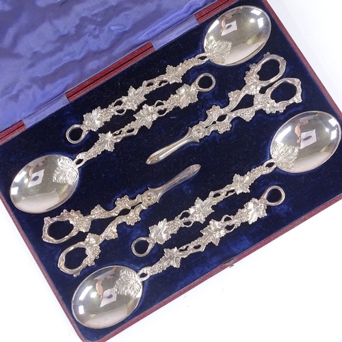 102 - A Victorian electroplate 6-piece fruit serving set, with cast vine handles, comprising 2 pairs of gr... 