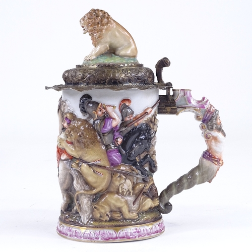 103 - A Capodimonte porcelain tankard, relief moulded Classical battle scene decoration surmounted by a li... 