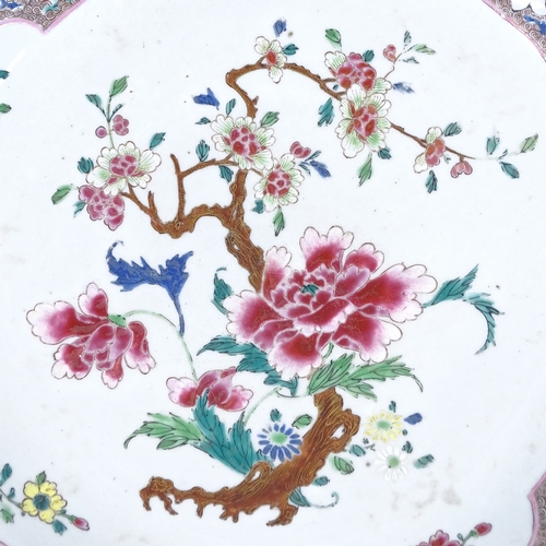 107 - A Chinese polychrome decorated porcelain charger, hand painted blossom tree decoration, diameter 39c... 