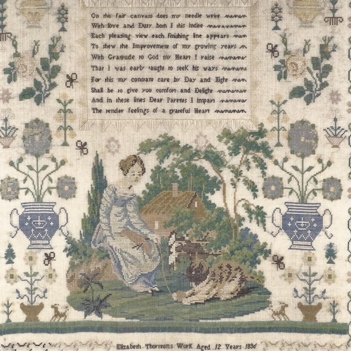 116 - An early 19th century needlework sampler, Elizabeth Thornton's work, aged 12 year, 1836, depicting a... 