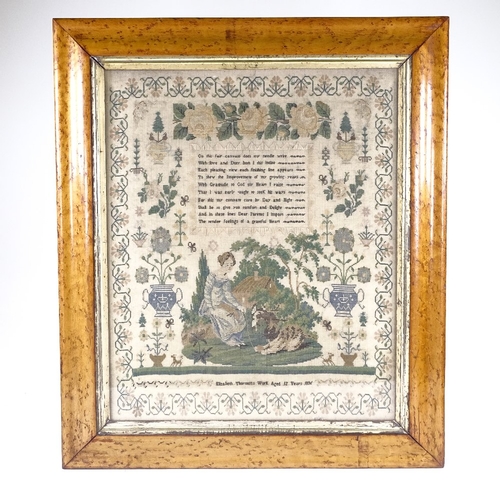 116 - An early 19th century needlework sampler, Elizabeth Thornton's work, aged 12 year, 1836, depicting a... 