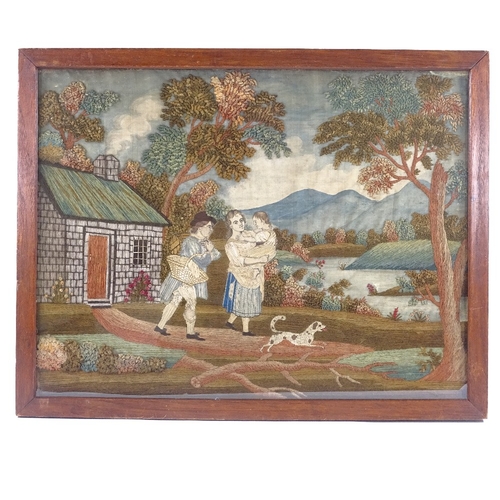 117 - A needlework and crewel work panel pole screen, late 18th/early 19th century, depicting figures outs... 