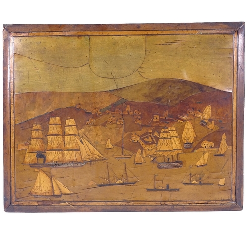 119 - A specimen wood sailor's marquetry picture, depicting a busy harbour scene with steam and sail ships... 