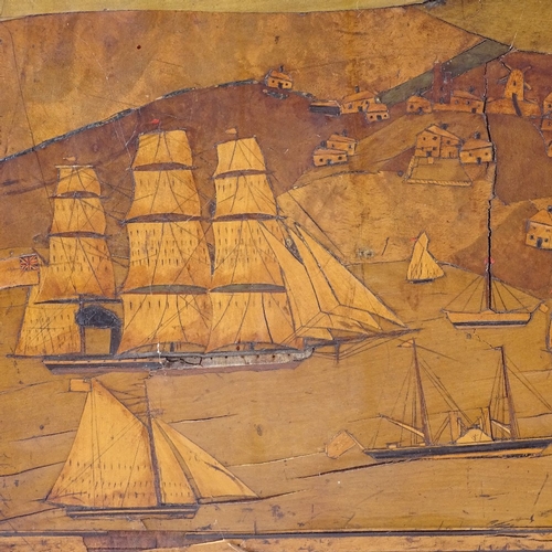 119 - A specimen wood sailor's marquetry picture, depicting a busy harbour scene with steam and sail ships... 