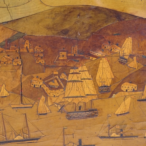 119 - A specimen wood sailor's marquetry picture, depicting a busy harbour scene with steam and sail ships... 