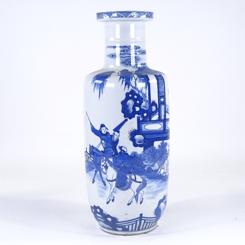 121 - A Chinese blue and white porcelain cylinder vase, hand painted figures on horseback, height 46cm