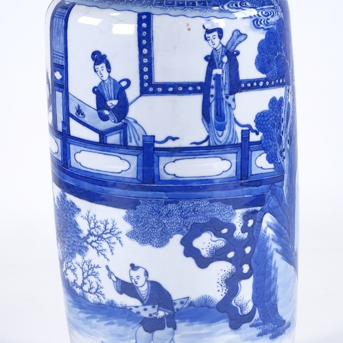 121 - A Chinese blue and white porcelain cylinder vase, hand painted figures on horseback, height 46cm