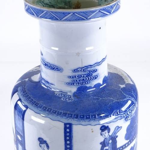 121 - A Chinese blue and white porcelain cylinder vase, hand painted figures on horseback, height 46cm