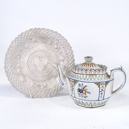 126 - A group of 19th century Staffordshire pottery, including a relief moulded teapot (A/F), a figure of ... 