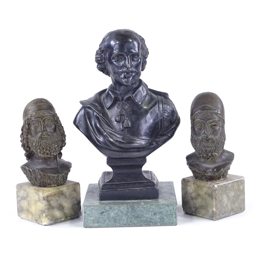 133 - A patinated spelter figure of Shakespeare on marble base, height 16cm, and 2 composition Greek busts... 