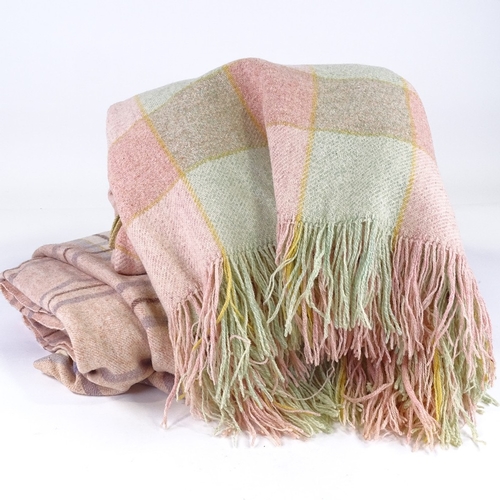 140 - 2 Vintage Welsh wool blankets, pink lavender cream and brown, 210cm x 170cm, pink and green with fri... 