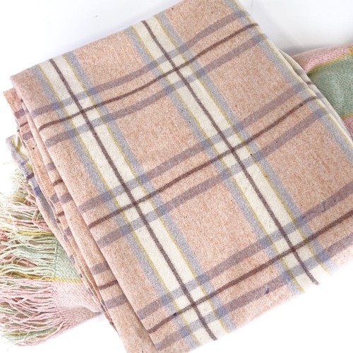 140 - 2 Vintage Welsh wool blankets, pink lavender cream and brown, 210cm x 170cm, pink and green with fri... 