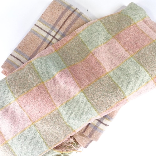 140 - 2 Vintage Welsh wool blankets, pink lavender cream and brown, 210cm x 170cm, pink and green with fri... 