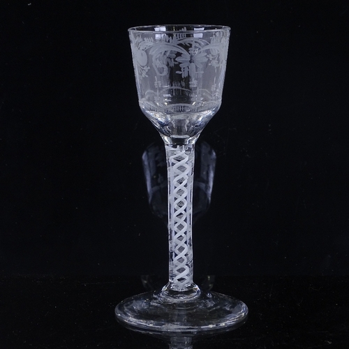 141 - An 18th century cordial glass, with wheel-cut bowl and double helix milk twist stem, height 14.5cm