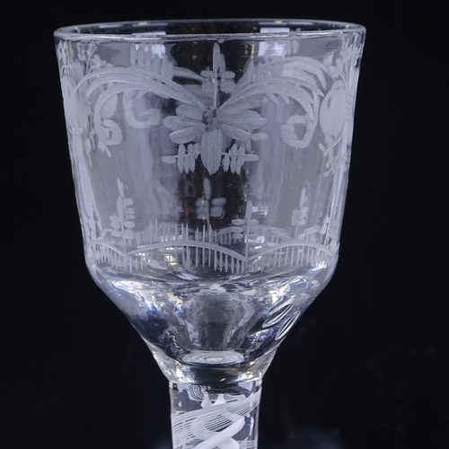 141 - An 18th century cordial glass, with wheel-cut bowl and double helix milk twist stem, height 14.5cm