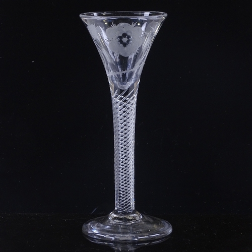 144 - An 18th century cordial glass, with rose design wheel-cut funnel-shaped bowl and multi-twist stem, h... 