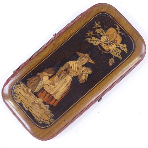 153 - A 19th century Sorrento Ware spectacle/card case, with marquetry inlaid lid, length 14cm