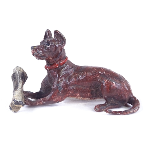 154 - An Austrian cold painted bronze dog with a bone, length 6.5cm