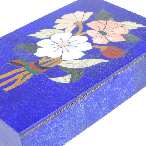 155 - A Lapis and specimen hardstone inlaid box, with gilded metal interior, 22cm x 14cm