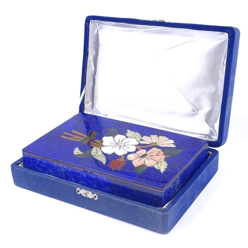 155 - A Lapis and specimen hardstone inlaid box, with gilded metal interior, 22cm x 14cm